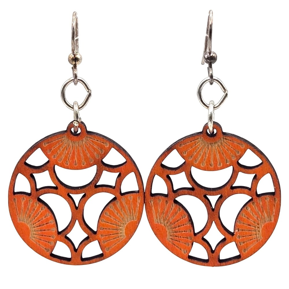 Orange Laser Cut Wood Geometric Circle Blossoms Drop Earrings Silver Tone Hooks